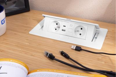 MULTISOFT Nábytková zásuvka 2x zásuvka s uzemněním, USB A+C, RJ45, napájecí kabel s vidlicí, bílá