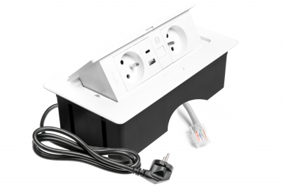 MULTISOFT Nábytková zásuvka 2x zásuvka s uzemněním, USB A+C, RJ45, napájecí kabel s vidlicí, bílá