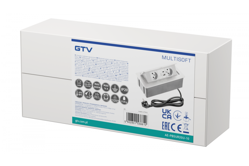 MULTISOFT Nábytková zásuvka 2x zásuvka s uzemněním, USB A+C, RJ45, napájecí kabel s vidlicí, bílá