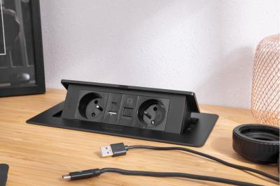 MULTISOFT Nábytková zásuvka 2x zásuvka s uzemněním, USB A+C, RJ45, napájecí kabel se zástrčkou, černá