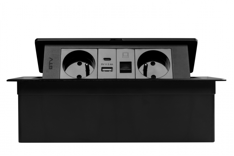 MULTISOFT Nábytková zásuvka 2x zásuvka s uzemněním, USB A+C, RJ45, napájecí kabel se zástrčkou, černá