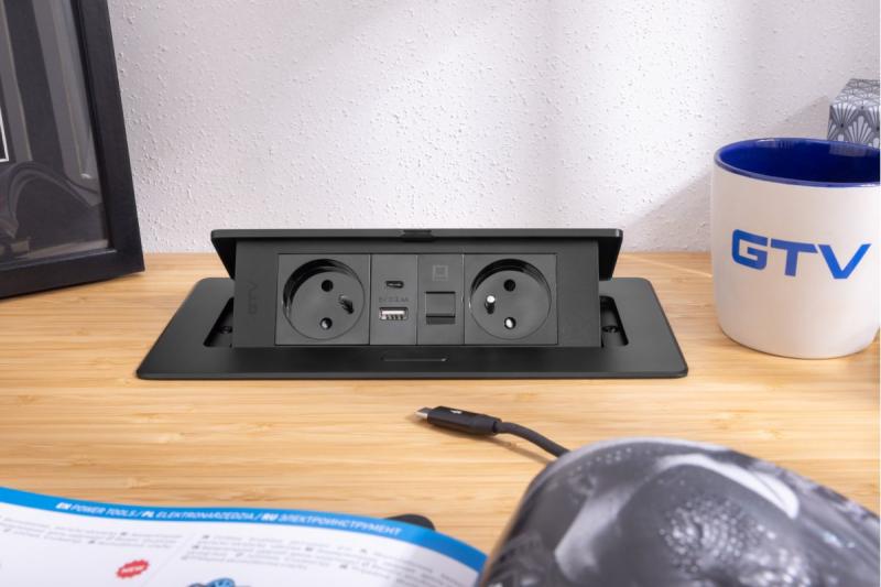 MULTISOFT Nábytková zásuvka 2x zásuvka s uzemněním, USB A+C, RJ45, napájecí kabel se zástrčkou, černá