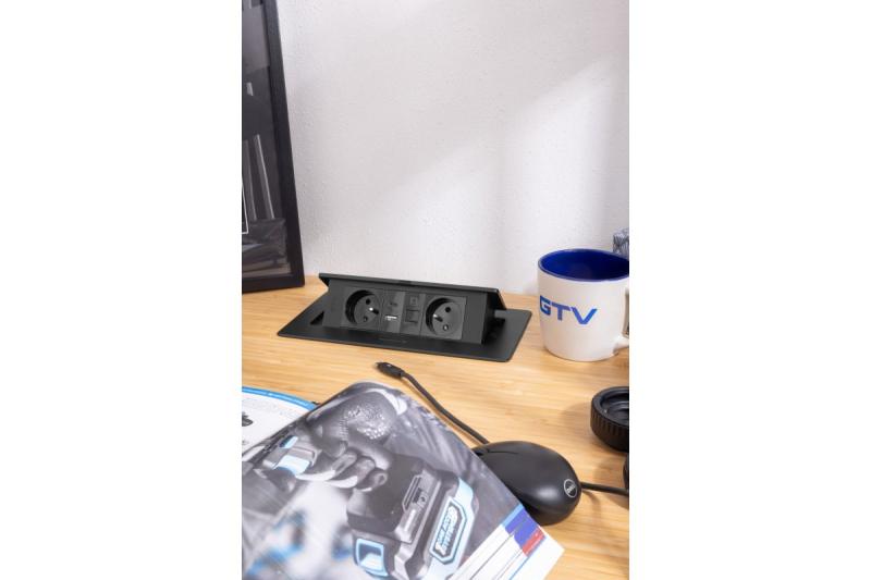 MULTISOFT Nábytková zásuvka 2x zásuvka s uzemněním, USB A+C, RJ45, napájecí kabel se zástrčkou, černá