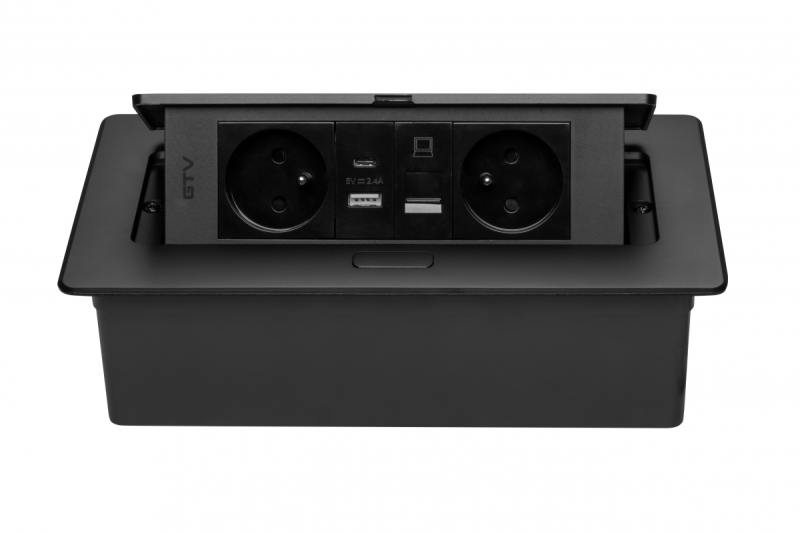 MULTISOFT Nábytková zásuvka 2x zásuvka s uzemněním, USB A+C, RJ45, napájecí kabel se zástrčkou, černá