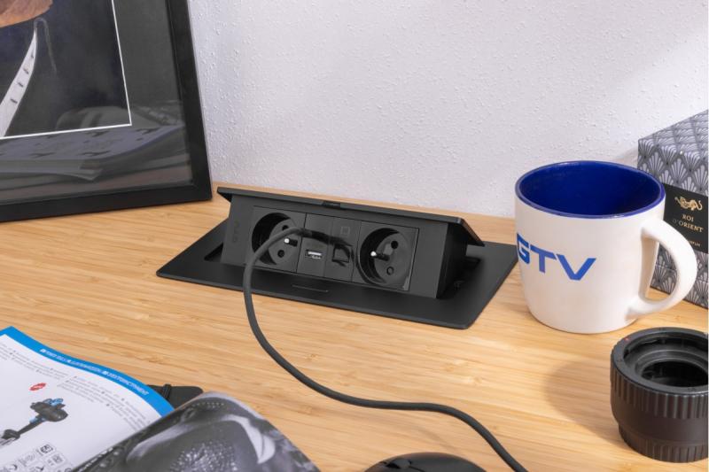 MULTISOFT Nábytková zásuvka 2x zásuvka s uzemněním, USB A+C, RJ45, napájecí kabel se zástrčkou, černá