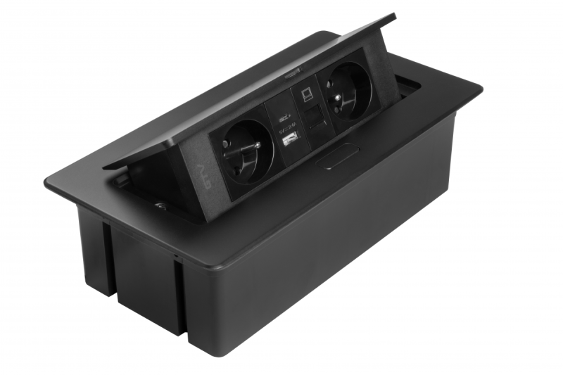 MULTISOFT Nábytková zásuvka 2x zásuvka s uzemněním, USB A+C, RJ45, napájecí kabel se zástrčkou, černá