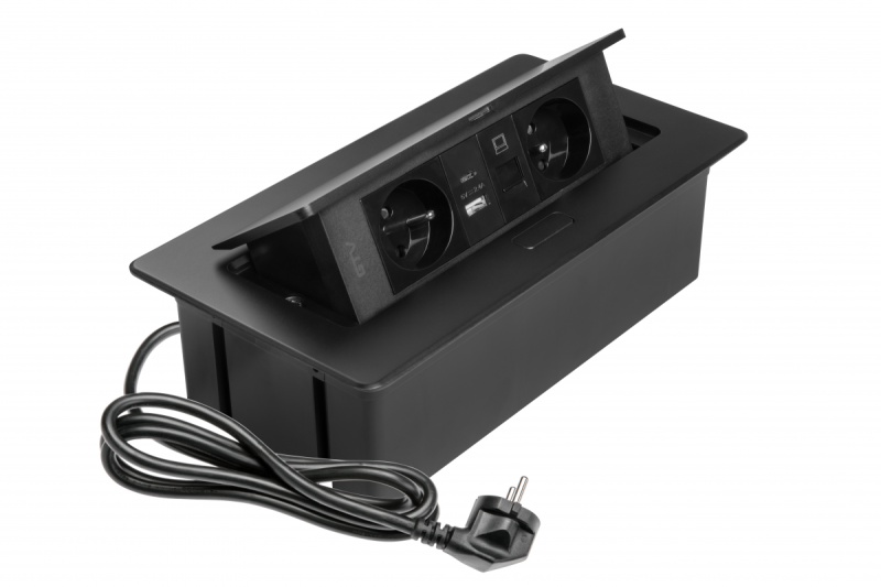 MULTISOFT Nábytková zásuvka 2x zásuvka s uzemněním, USB A+C, RJ45, napájecí kabel se zástrčkou, černá