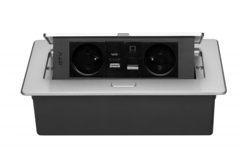 MULTISOFT Nábytková zásuvka 2x zásuvka s uzemněním, USB A+C, RJ45, napájecí kabel s vidlicí, hliník