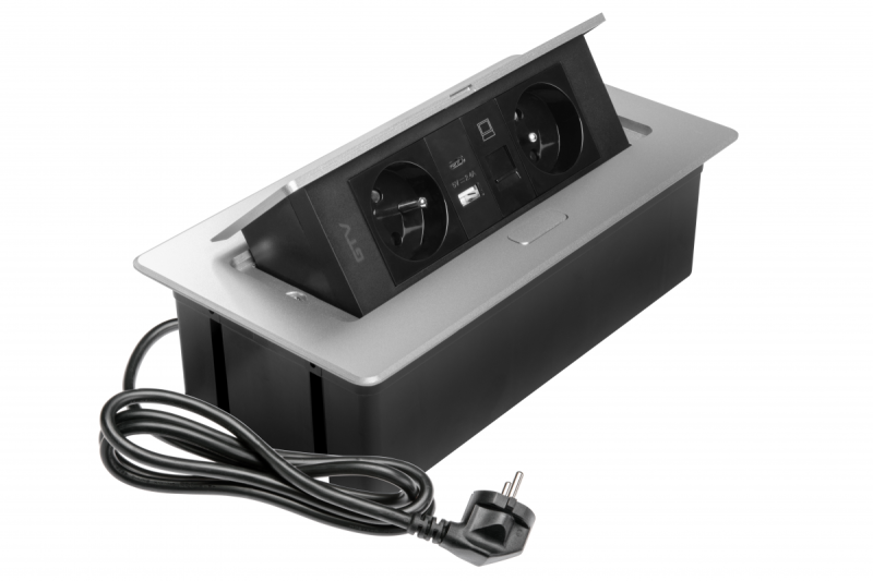 MULTISOFT Nábytková zásuvka 2x zásuvka s uzemněním, USB A+C, RJ45, napájecí kabel s vidlicí, hliník