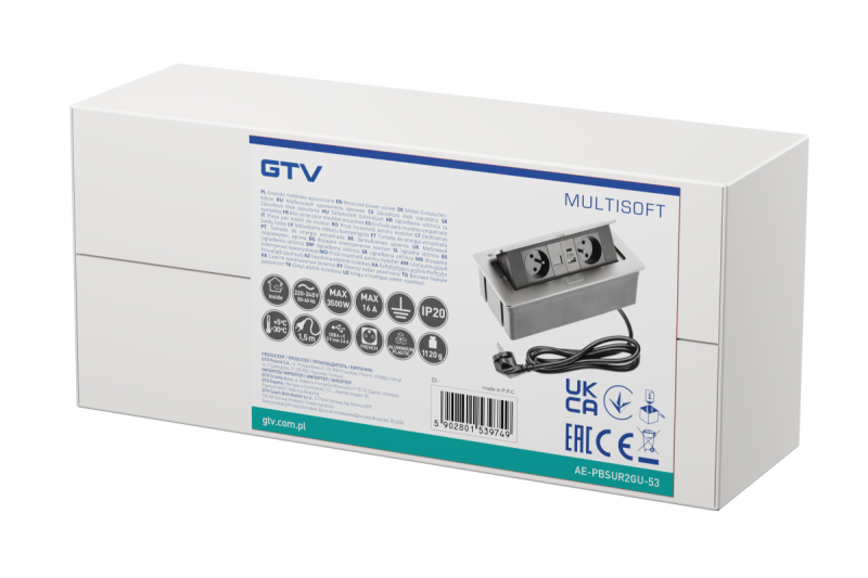 MULTISOFT Nábytková zásuvka 2x zásuvka s uzemněním, USB A+C, RJ45, napájecí kabel s vidlicí, hliník