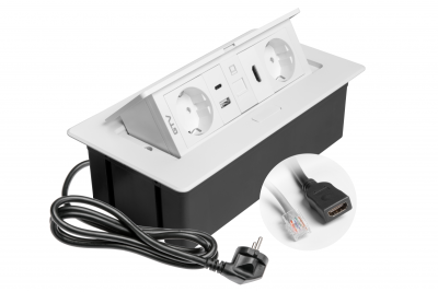 Nábytková zásuvka MULTISOFT, 2xSHUKO, USB A+C, RJ45, HDMI, kabel 1,5 m, bílá
