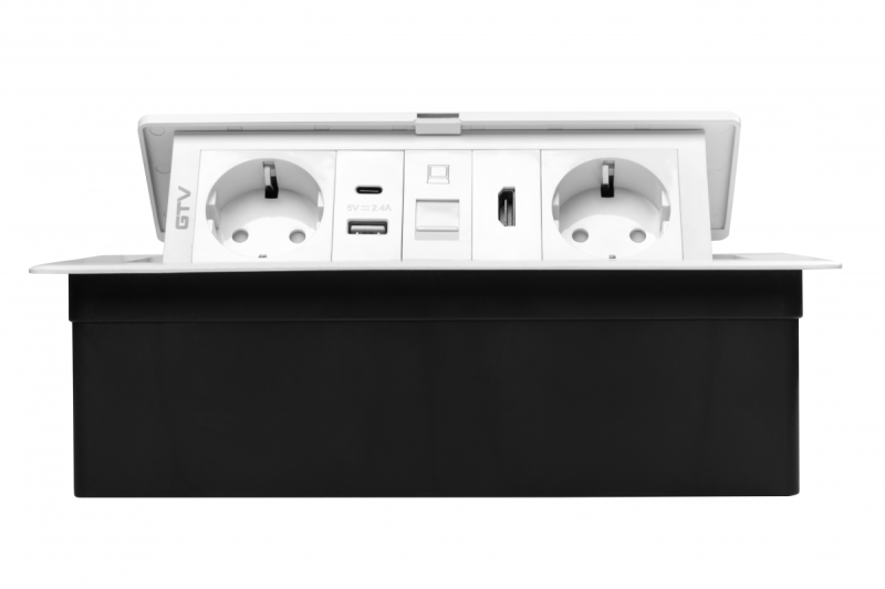 Nábytková zásuvka MULTISOFT, 2xSHUKO, USB A+C, RJ45, HDMI, kabel 1,5 m, bílá