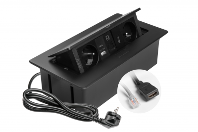 Nábytková zásuvka MULTISOFT, 2xSHUKO, USB A+C, RJ45, HDMI kabel 1,5 m, černá