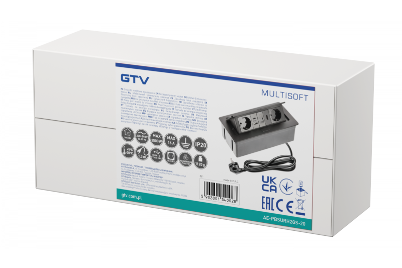 Nábytková zásuvka MULTISOFT, 2xSHUKO, USB A+C, RJ45, HDMI kabel 1,5 m, černá