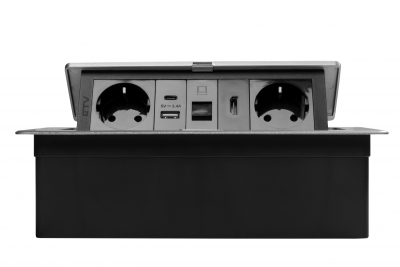 Nábytková zásuvka MULTISOFT, 2xSHUKO, USB A+C, RJ45, HDMI kabel 1,5 m, hliník