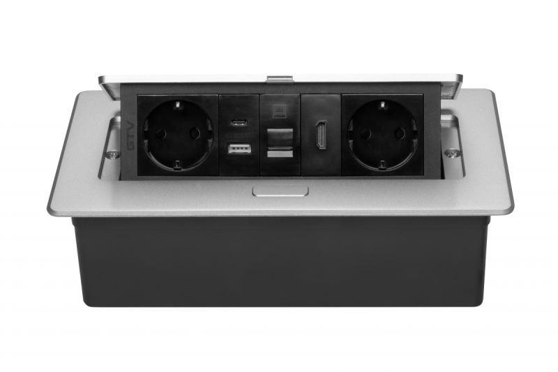 Nábytková zásuvka MULTISOFT, 2xSHUKO, USB A+C, RJ45, HDMI kabel 1,5 m, hliník