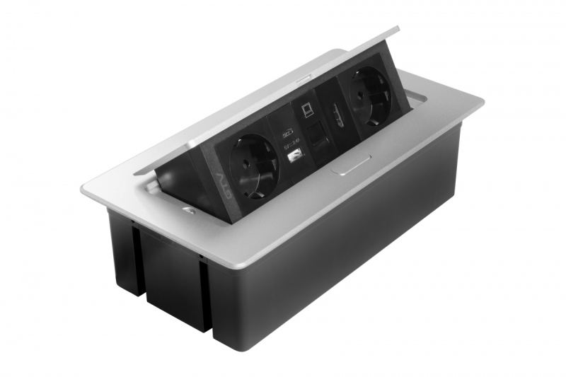 Nábytková zásuvka MULTISOFT, 2xSHUKO, USB A+C, RJ45, HDMI kabel 1,5 m, hliník