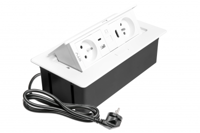 MULTISOFT nábytková zásuvka 2x zásuvka s uzemněním, USB A+C, RJ45, HDMI, napájecí kabel se zástrčkou, bílá
