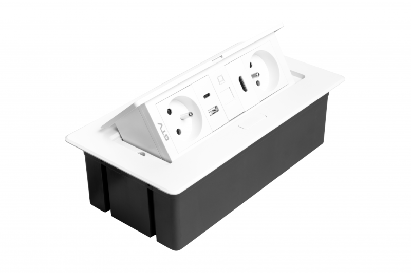 MULTISOFT nábytková zásuvka 2x zásuvka s uzemněním, USB A+C, RJ45, HDMI, napájecí kabel se zástrčkou, bílá