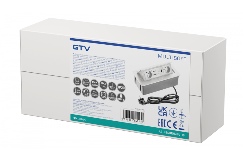 MULTISOFT nábytková zásuvka 2x zásuvka s uzemněním, USB A+C, RJ45, HDMI, napájecí kabel se zástrčkou, bílá