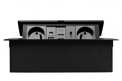 MULTISOFT nábytková zásuvka 2x Zásuvka s uzemněním, USB A+C, RJ45, HDMI, napájecí kabel s vidlicí, černá