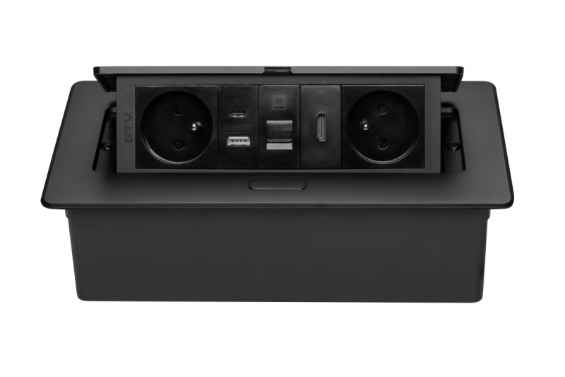 MULTISOFT nábytková zásuvka 2x Zásuvka s uzemněním, USB A+C, RJ45, HDMI, napájecí kabel s vidlicí, černá