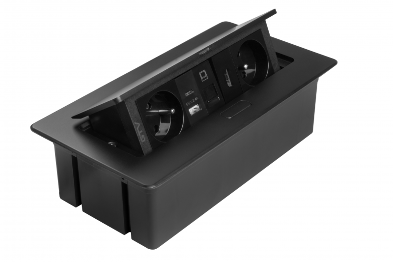 MULTISOFT nábytková zásuvka 2x Zásuvka s uzemněním, USB A+C, RJ45, HDMI, napájecí kabel s vidlicí, černá