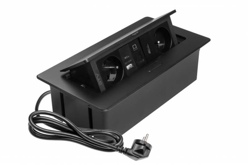 MULTISOFT nábytková zásuvka 2x Zásuvka s uzemněním, USB A+C, RJ45, HDMI, napájecí kabel s vidlicí, černá