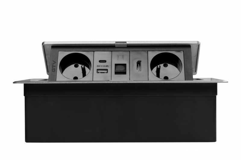 MULTISOFT nábytková zásuvka 2x zásuvka s uzemněním, USB A+C, RJ45, HDMI, napájecí kabel se zástrčkou, hliník