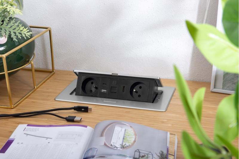 MULTISOFT nábytková zásuvka 2x zásuvka s uzemněním, USB A+C, RJ45, HDMI, napájecí kabel se zástrčkou, hliník