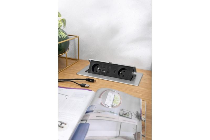 MULTISOFT nábytková zásuvka 2x zásuvka s uzemněním, USB A+C, RJ45, HDMI, napájecí kabel se zástrčkou, hliník
