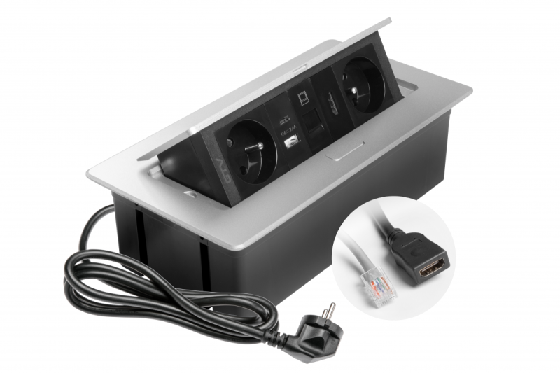 MULTISOFT nábytková zásuvka 2x zásuvka s uzemněním, USB A+C, RJ45, HDMI, napájecí kabel se zástrčkou, hliník