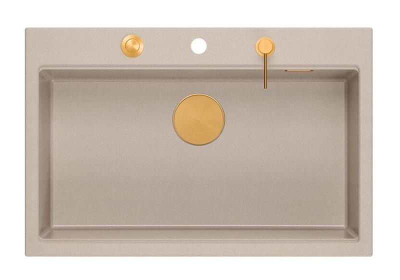 Quadri Hard Rock Beige granitový nástavbový velký dřez 76x50cm včetně měděné zátky a příslušenství 1208971750