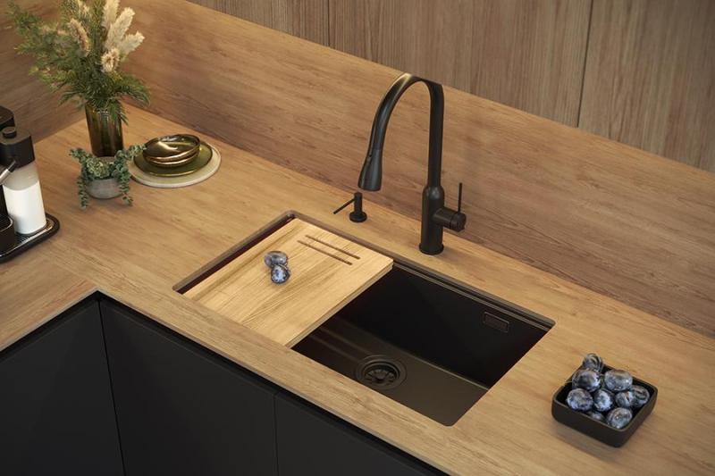 Quadri Newport II velký a hluboký granitový dřez na montáž a podmontáž beige dřez 76x45cm se zlatou zástrčkou 1208971759