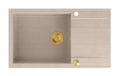 Quadri Luton pearl beige granitový velký nástavný dřez s odkapávací plochou otočný 86x50cm se zlatou zátkou 1208971774