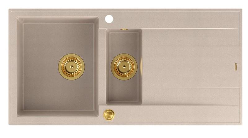 Quadri Luton pearl beige granitový nástavbový dřez 1,5 s odkapávací plochou reverzibilní 100x50cm s zlatým zátkou 1208971793