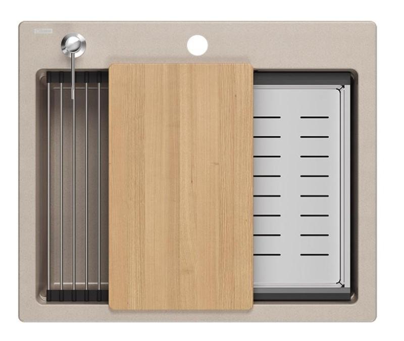 Granitový dřez Quadri Durham Pearl Beige s nástavbou 595x500 s dávkovačem mýdla, prkénkem na krájení, vložkovým dřezem a rolovací podložkou 1208971814