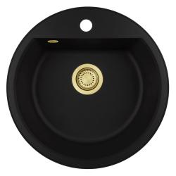 GraniteMy Bremen kulatý granitový dřez 43 cm černý, na povrchu a pod, s otvorem pro kohoutek a zlatou zátkou 1208971841