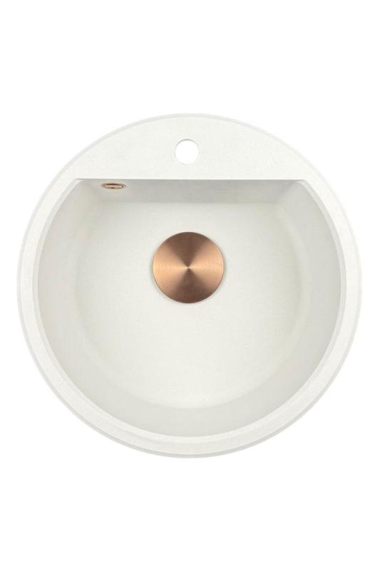 GraniteMy Bremen kulatý granitový dřez 43 cm bílý, nástěnný a vestavný, s otvorem pro kohoutek a automatickou měděnou zátkou 1208971847