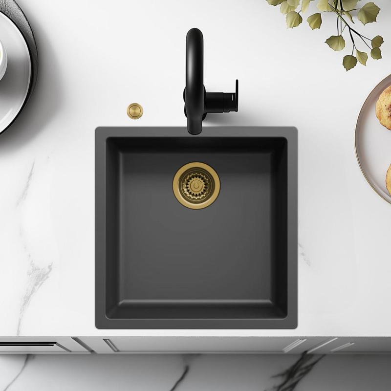 Ausmann Fiber černý dřez 40x40cm pro montáž pod, na a zarovnanou s automatickým zlatým zátkou 1208971853