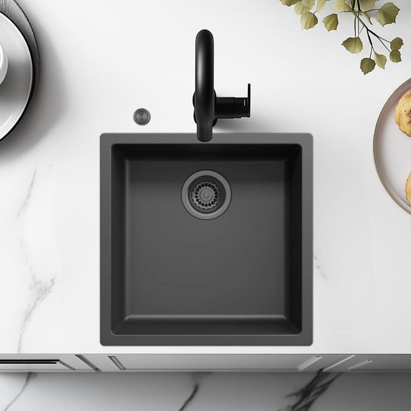 Ausmann Fiber černý dřez 40x40cm podskříňový, nástavbový a plochý s automatickým zátkou z gun metal 1208971854