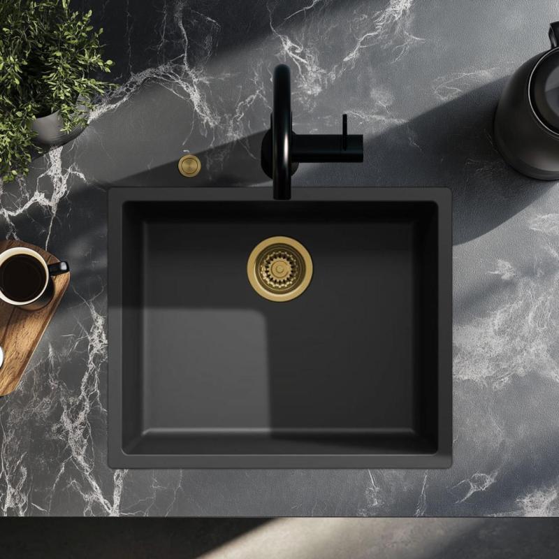 Ausmann Fiber černý dřez 50x40cm pro podskříň, nástavbu a rovnou konstrukci s automatickým zlatým zátkou 1208971859