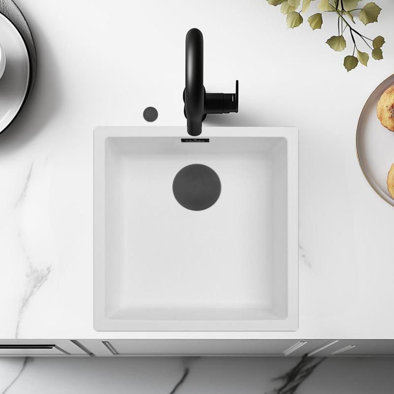 Ausmann Fiber bílý dřez 40x40cm pro podstavbu, nástavbu a rovnou montáž s automatickou černou zástrčkou 1208971892