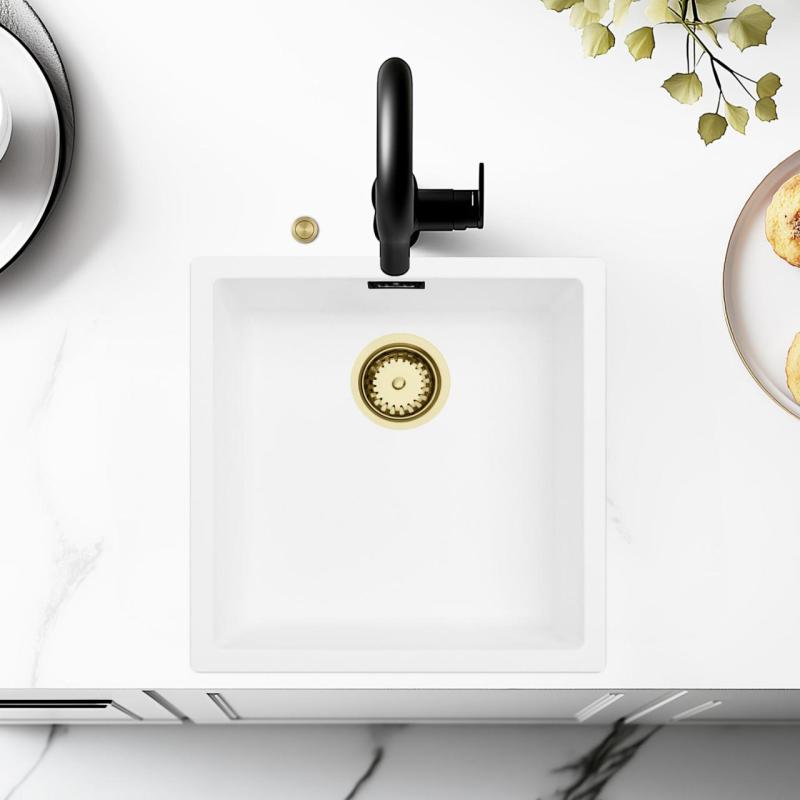 Ausmann Fiber bílý dřez 40x40cm podstavba, nástavba a rovnováha s automatickým zlatým zástrčkou 1208971894