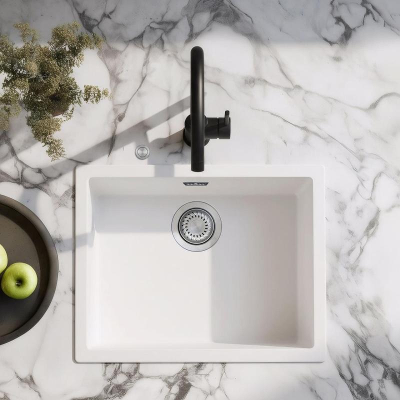 Ausmann Fiber bílý dřez 50x40cm pro podstavbu, vestavbu a rovnou vestavbu s automatickým nerezovým zátkou 1208971898