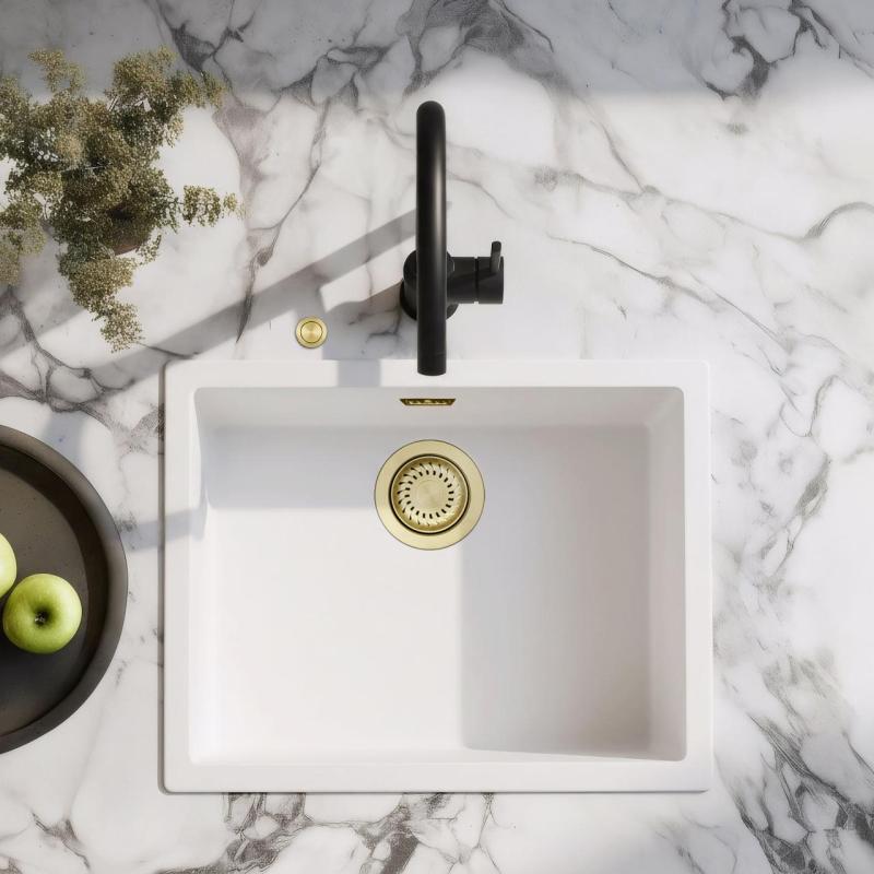 Ausmann Fiber bílý dřez 50x40cm podskříňový, nástavbový a rovnoměrný s automatickým zlatým zástrčkou 1208971901