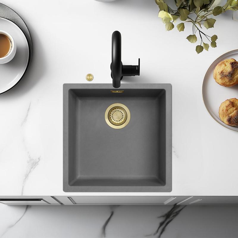 Ausmann Fibre betonový šedý dřez 40x40cm pro spodní montáž, horní montáž a rovnou montáž s automatickým zlatým zátkou 1208971913