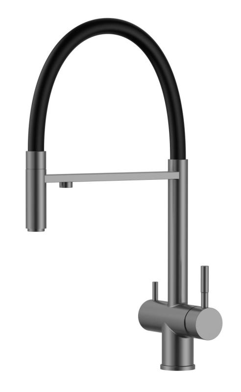 Pure.Sink Elite Steel Flex 3-cesta PVD gun metal kuchyňská baterie s flexibilním výtokem a filtrovanou vodou PS8110-61