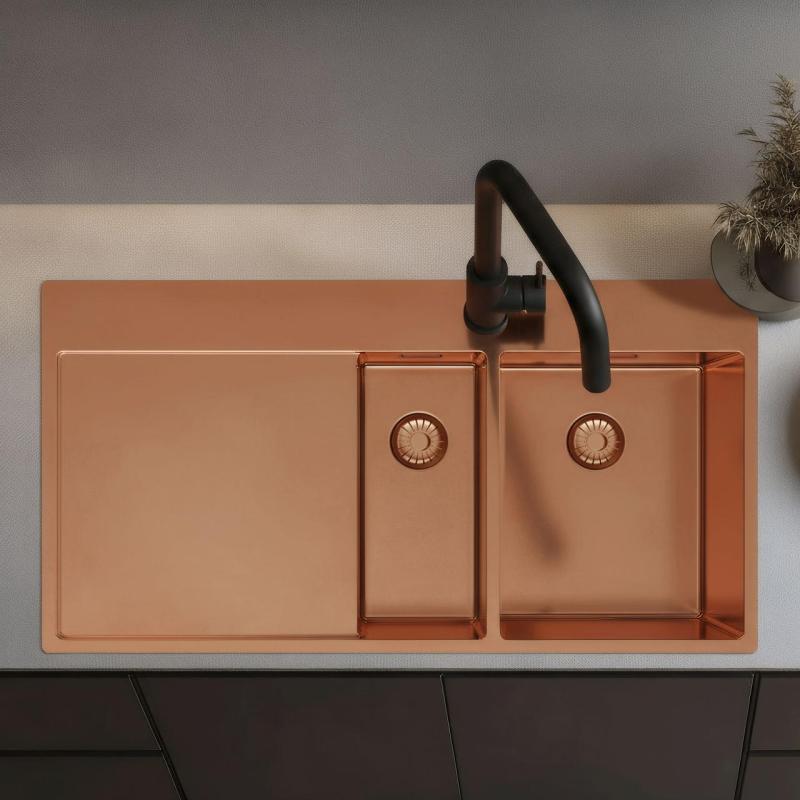 Pure.Sink Exclusivo Měděný 1,5  dřez s odkapávací částí 100x52 cm Páková baterie vpravo PEX3418100RT-62