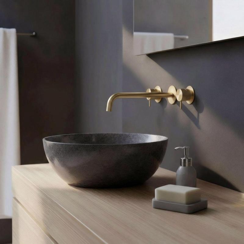 Waterevolution Flow 3otvorová vestavná umyvadlová baterie PVD bílé zlato s výtokem 25 cm T1163FWGE-25